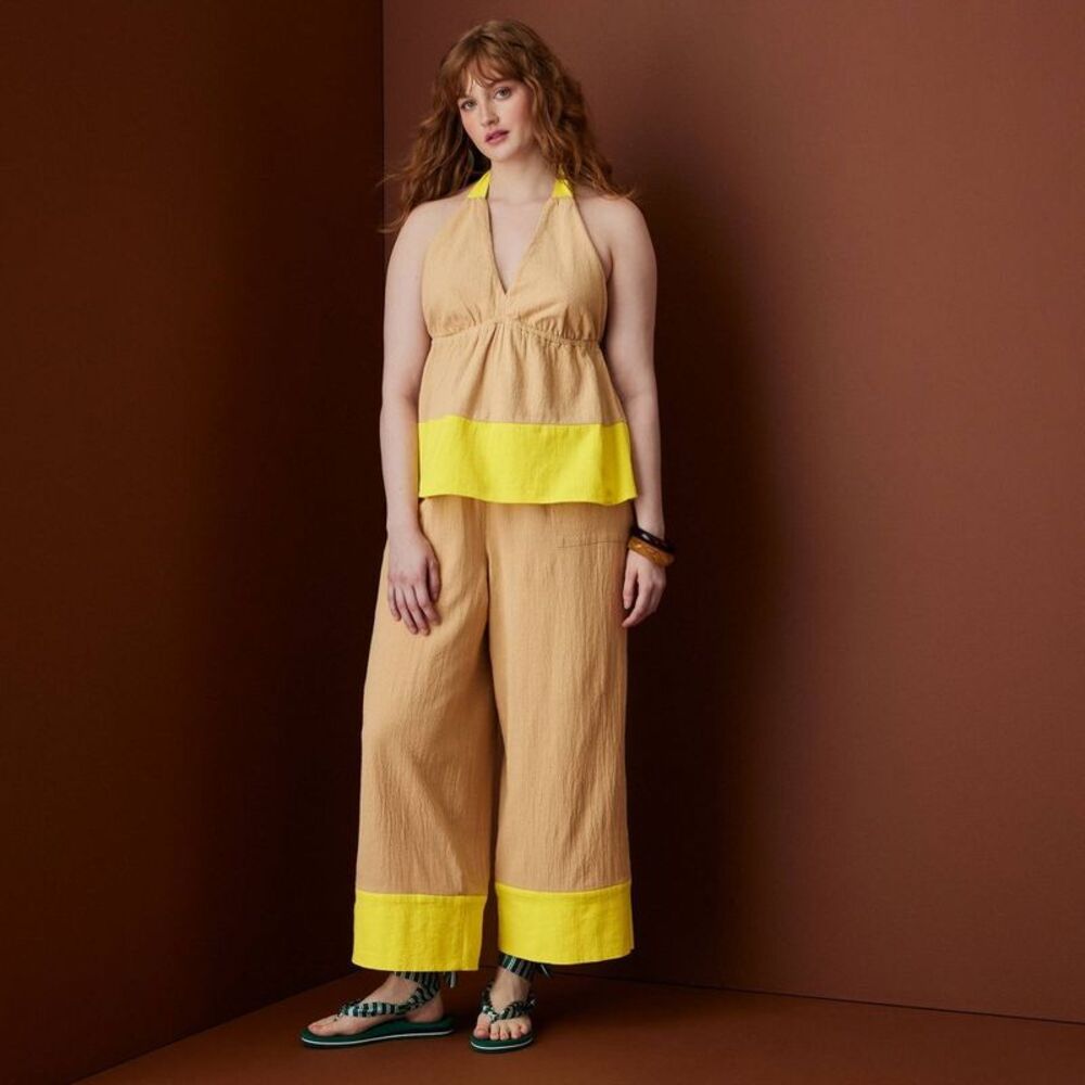 Women's Colorblock Drawstring Wide Leg Pants - Khaki/Yellow XL